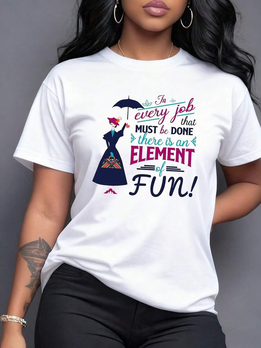 Figura de mujer elegante con paraguas y frase motivacional sobre disfrutar cada tarea y hallar diversión en todo lo que hacemos camiseta de mujer moderna y cómoda para uso diario - Blanco - Ver 1