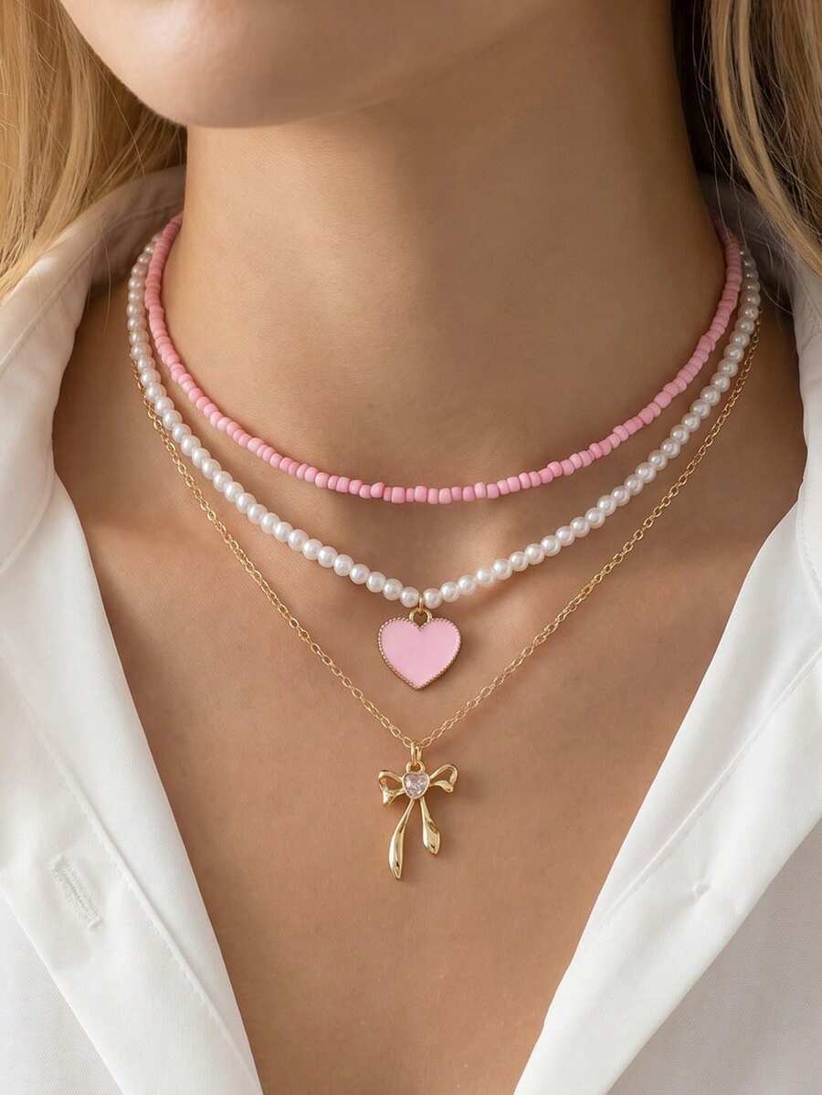 NAIZHU 3pcs/Set Cute Bow, Heart & Butterfly Pendant Colorful Beaded Necklace Set, Random Color, Gift For Girls - Multicolor - View 1