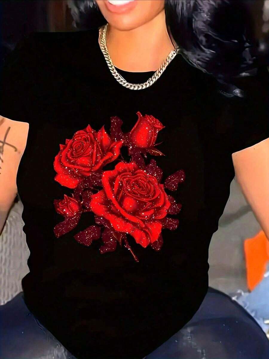 Camiseta de Talla Grande para Mujer, Moderna, Negra con Estampado de Rosas Rojas Brillantes - Top Casual de Fibra Elástica de Manga Corta y Cuello Redondo - Lavable a Máquina para Primavera, Verano, Otoño - 4XL, Camisetas de Mujer para Exteriores, Ropa de Verano para Mujer - Negro - Ver 1