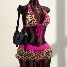 3pcs Women's Leopard Print Halter Swimsuit Set, Including Tie-Up Top, Triangle Bottoms, And Contrast Color Drawstring Mini Skirt - Multicolor - Ver 7
