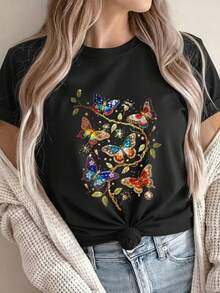 Camiseta Deportiva Casual de Alta Calidad para Mujer al por Mayor, Camiseta para Mujer, Deportes y Fitness, Salidas Casuales, Fiesta Universitaria, Diseño Mariposa y Enredadera, Nueva Llegada 2026 - 100% Algodón Transpirable - Negro - Ver 12
