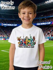 1 camiseta de malla con estampado del trofeo de la Copa Mundial  2026, adecuada para niños de 5 a 15 años. Presenta estampados de la Copa Mundial de Fútbol y de animales. Ropa Deportiva Casual de Manga Corta Transpirable, Adecuada para el Uso Diario al Aire Libre de los Niños y para Ver Partidos de la Copa del Mundo. 180g 100% algodón - Blanco - Ver 9