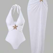Swim Oasis 2pcs/Set New 2025 Women Solid Color Halter Swimsuit & Mesh Long Skirt Beach Resort Summer Swimsuit Outfit White - Blanco - Ver 1