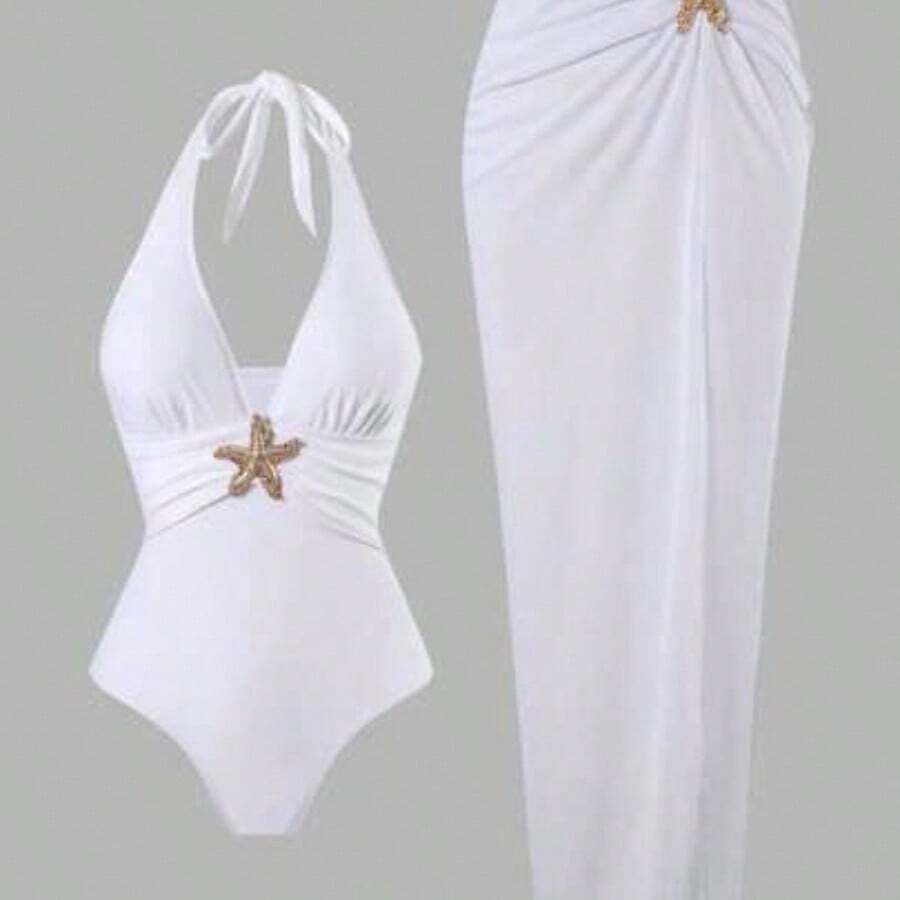 Swim Oasis 2pcs/Set New 2025 Women Solid Color Halter Swimsuit & Mesh Long Skirt Beach Resort Summer Swimsuit Outfit White - Blanco - Ver 1