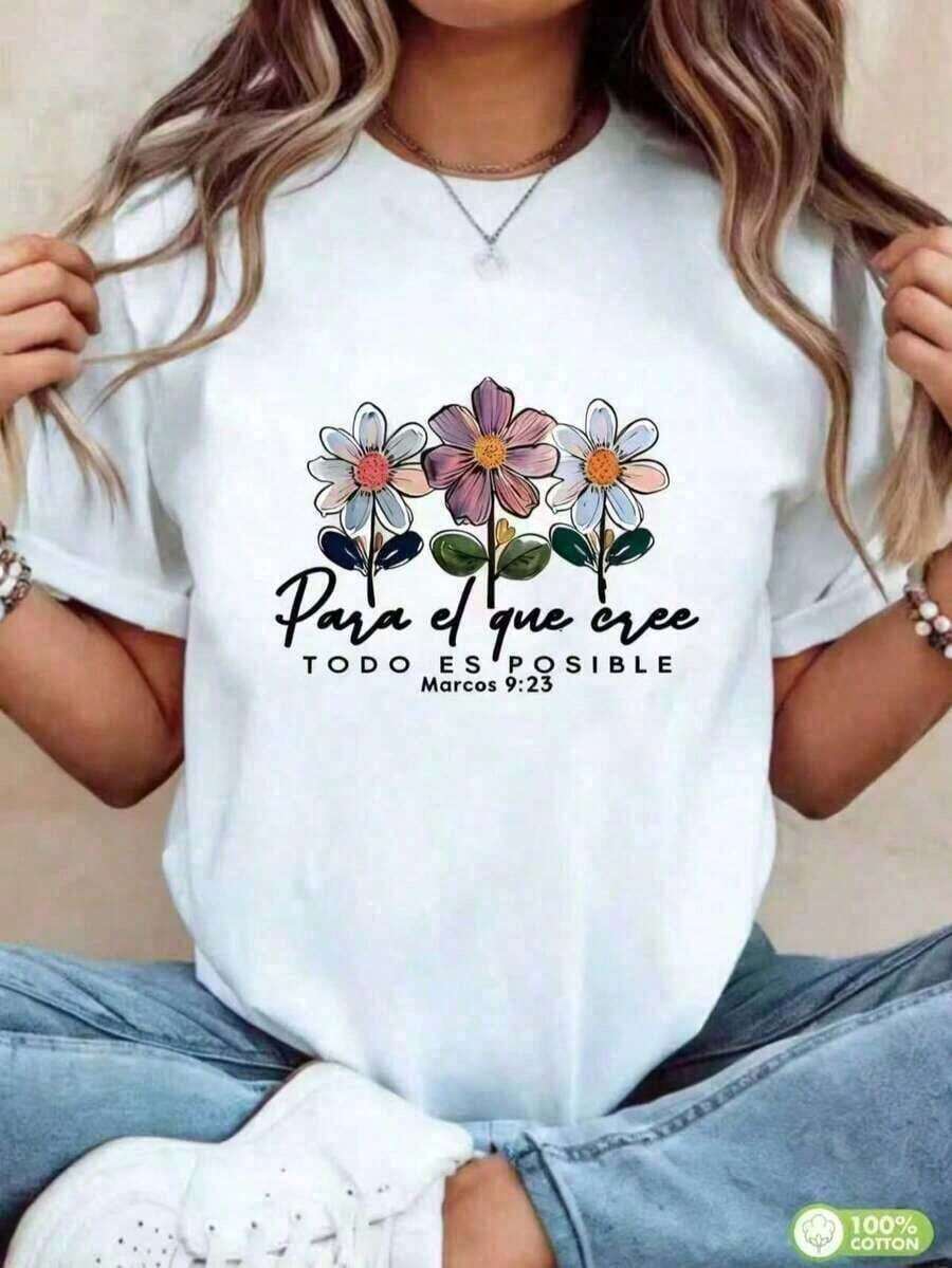 Blusa Nueva, Superventas, Estilo Vintage, Blusas Bonitas, 100% Algodón, Camisas Para Hombre, Camiseta Manfinity Para Hombre y Mujer, Camiseta Para Mujer, Camiseta Para Dama Con Estampado 'Spanish Faith', Estilo Retro Artístico, Top de Manga Corta, Camiseta Floral 'Marcos 9:23', Estilo Sencillo Para el Día a Día, Cuello Redondo, Manga Corta, Ropa de Mujer, Ropa de Verano, Elementos de Fe, Camiseta Básica, Estilo Urbano Diario, Top Blanco, Diseño de Nicho, Estampado Floral en Contraste, Cómoda y Versátil, Personalizada y Llamativa, Ropa Casual Diaria, Ropa Para el Día a Día, Tallas S-XXXXL. Ropa de Mujer a la Moda, Blusas Coloridas, Blusas Vintage de Verano para Mujer, Ropa Y2k, Ropa de Verano para Mujer, Conjuntos de Primavera para Mujer - Blanco - Ver 1