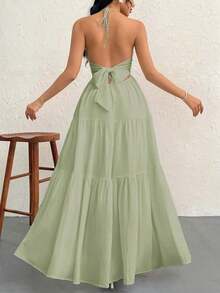 Vestido de gasa para mujer sin espalda con cuello halter y cola larga para vacaciones, bodas o festivales - Verde - Ver 2