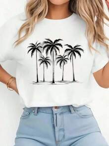 Camiseta con Estampado de Palmeras en Blanco y Negro para Hombre y Mujer, Camiseta de Manga Corta con Cuello Redondo, Top Casual para Verano y Primavera, Ropa de Mujer - Blanco - Ver 1