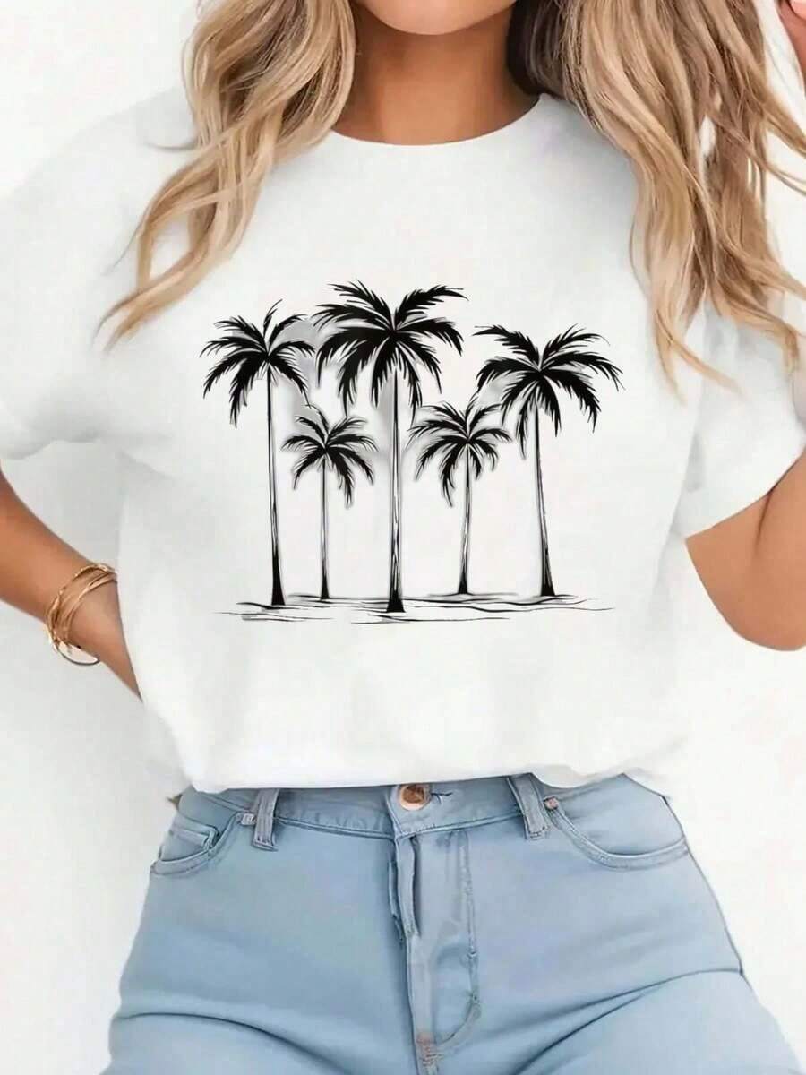 Camiseta con Estampado de Palmeras en Blanco y Negro para Hombre y Mujer, Camiseta de Manga Corta con Cuello Redondo, Top Casual para Verano y Primavera, Ropa de Mujer - Blanco - Ver 1