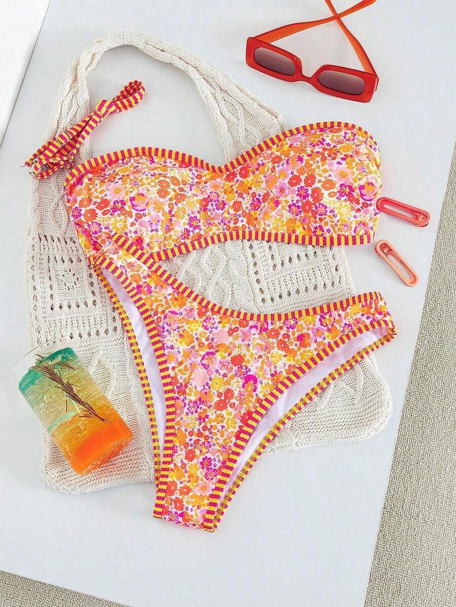 Set de 2 piezas Bikini bandeau con estampado floral rosa para mujer, con tirantes desmontables adecuado para vacaciones en la isla y sesiones de fotos en la playa en verano - Multicolor 7 - Ver 1