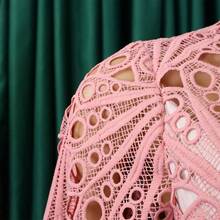 New 2026 Women's Solid Color Lace Crochet Hollow Out Ruched Dress - Pink - View 5