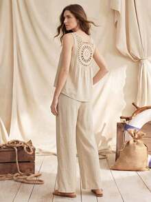 Conjunto de top sin mangas y pantalones de pierna ancha con parte posterior de malla de encaje para mujer, color albaricoque, para primavera/verano - Caqui - Ver 5