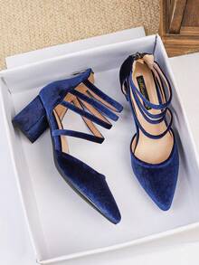 Navy Blue Velvet Pointed Toe Block Heel Roman Sandals For Women, New Spring/Summer Design With Multiple Straps, Suitable For Work And Party Occasions - Blue - View 5