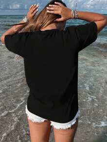 Camiseta Casual de Manga Corta para Mujer con Cuello Redondo - Estampado de Dos Perros Adorables, Suave y Lavable aáquina, Accesorio Temático de Mascotas para Looks de Todo el Año (No-) - Negro - Ver 2