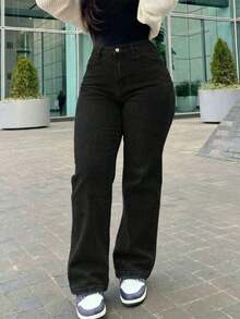 Jeans rectos de pierna ancha y estilo vintage para mujer, casuales para primavera - Negro - Ver 1