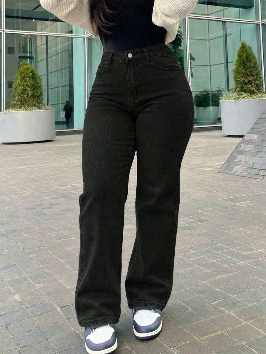Jeans rectos de pierna ancha y estilo vintage para mujer, casuales para primavera - Negro - Ver 1