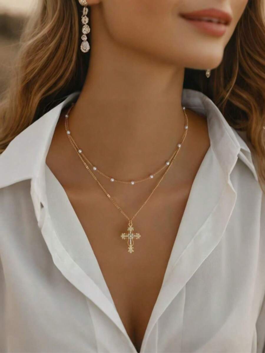 1pc Rhinestone Embellished Dual-Layer Cross Pendant Necklace, Minimalist Elegant Anti-Fading, Suitable For Campus, Party, Vacation, Gift For Friends And Festivals - Multicolor - View 1