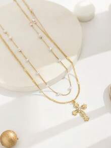 1pc Rhinestone Embellished Dual-Layer Cross Pendant Necklace, Minimalist Elegant Anti-Fading, Suitable For Campus, Party, Vacation, Gift For Friends And Festivals - Multicolor - View 3