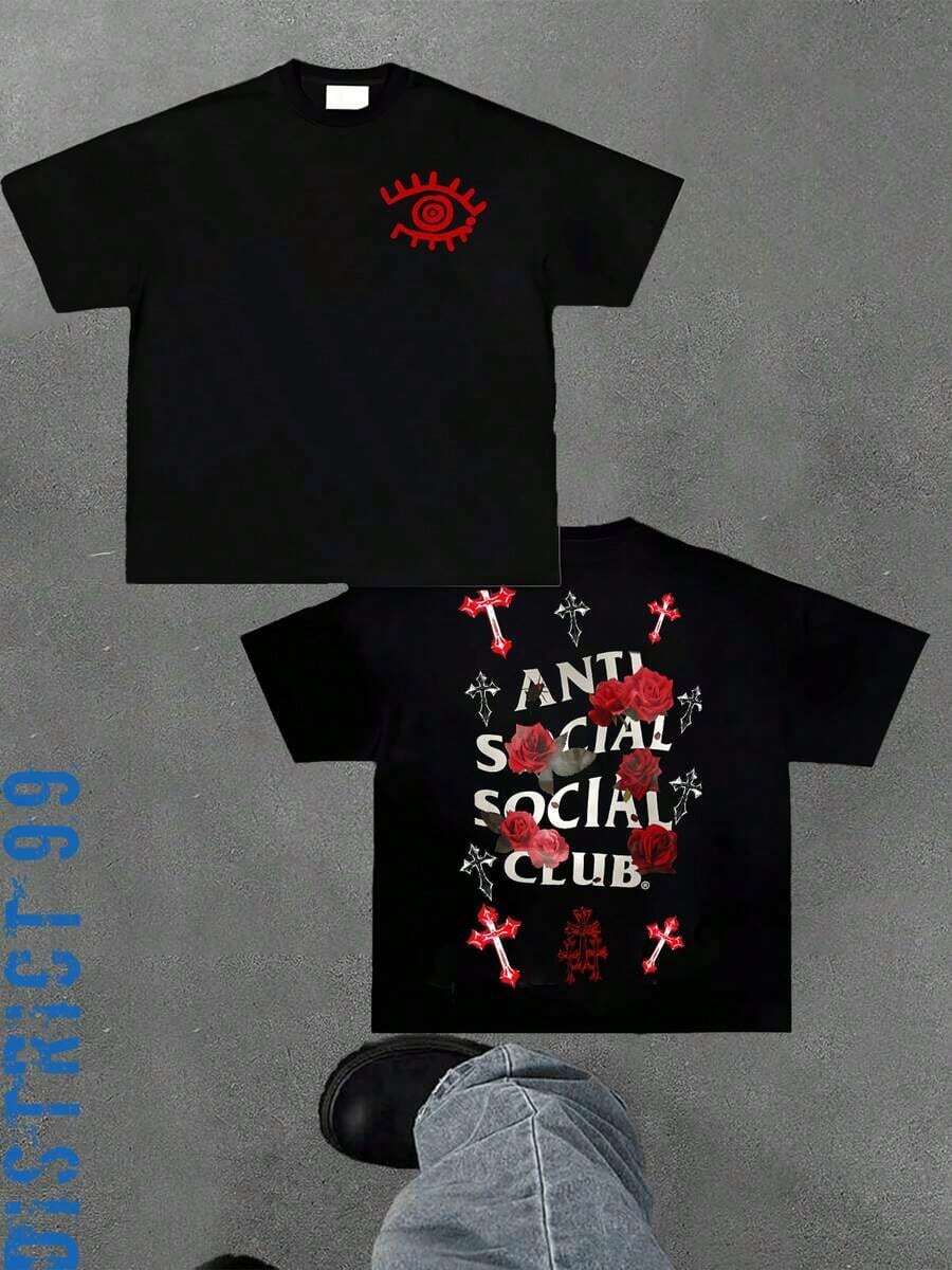 1pc Cotton Graphic Tees Anti Social Club Graphic Cropped T-Shirt For Boys And Girls Men, Women All Ages Family T-Shirt Letter New Streetwear Clothing Harajuku T-Shirt Cotton Half Sleeve Tee, Y2K Style Casual Cotton Classic Crewneck Design Tee Fathers Day Gift - màu đen - Xem 1