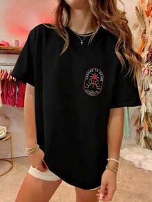 Camisetas Oversize para Mujer Estilo Y2K con Estampado de Cocotero/Letras, Manga Corta, Cuello Redondo, Corte Holgado, Estilo Vintage de Verano, Camisetas Holgadas Estéticas, Ropa Juvenil Estilo Preppy Costero, Streetwear - Blanco y Azul Marino, Top Corto Unisex con Hombros Descubiertos, Ropa Casual para Uso Diario - Negro - Ver 7