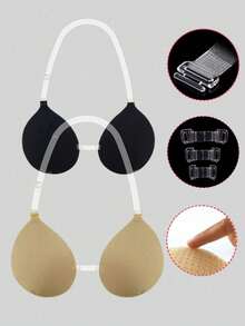 1 Pair (With Transparent Shoulder Straps) Invisible Silicone Breast Petals, Reinforced Tear-Resistant Push-Up Bra Inserts, Invisible Bra/Ladies Backless Bra Pads, V-Neck - Multicolor - View 8