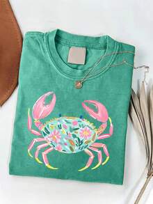 Nueva Camiseta de Mujer 2026 con Estampado de Cangrejo, Lavada, Estilo Batik Vintage, de Alta Calidad, para Playa de Verano, Regalo para el Día de la Madre - Negro - Ver 11