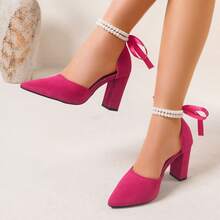 French Style Double-Layer Pearl Tie-Up High Heels, Velvet Pointed Toe Chunky Heel Pumps, Bridesmaid Wedding Shoes In Magenta - Pearl Rose Red - View 4