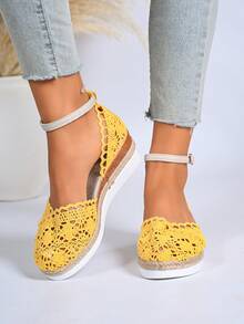 Giày sandal đế xuồng bằng vải lanh mới mùa hè dành cho nữ, sandal đế dày kiểu La Mã đan rỗng với quai điều chỉnh được. - Màu vàng - Xem 5