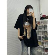 Camiseta holgada de manga corta unisex de talla grande, estilo retro americano,  nacional, hip-hop, para parejas, verano, diseño urbano europeo y americano. - Negro - Ver 2