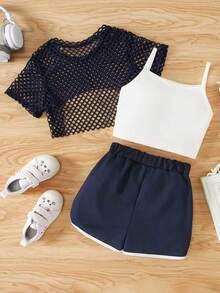 Bộ 3 món cho bé gái: Áo hai dây in chữ + Áo lưới phủ ngoài + Quần short, Áo vest mùa hè năng động, Quần áo trẻ em mùa xuân/hè, Vải dệt kim, Họa tiết chữ, Chất liệu pha polyester - Màu xanh hải quân - Xem 3