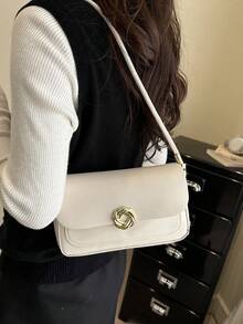 Bolsa de ombro elegante, minimalista e minimalista, com aba assimétrica em cor sólida e estilo vintage. - Bege - Ver 3