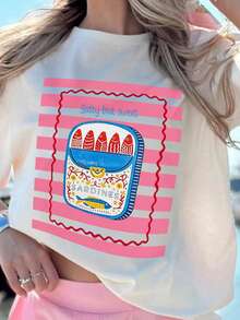 Canned Sardine Print Round Neck Short SleeveRegular Fit T-Shirt For Women, Suitable For Spring AndSummer Casual White - White - View 3