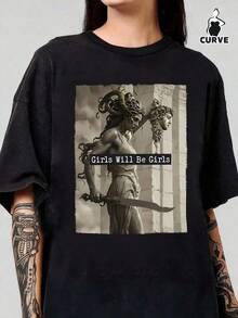Camiseta de Verano para Mujeres con Estampado de Cabeza de Medusa y Perseus, Cuello Redondo, Manga Corta, Simple, Casual, Diario, Negra, Talla Grande - Negro - Ver 5