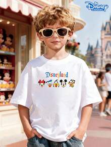 Disneyland Family Double-Sided Print Kids T-Shirt, Black Loose Crew Neck Top, Small Character Lineup Front + Mickey, Minnie & Friends Back, With "Where Dreams Come True" Slogan, Full Of Vibe, Breathable Skin-Friendly, All-Match For Summer Park & Street, Unisex - 白色 - 查看 3