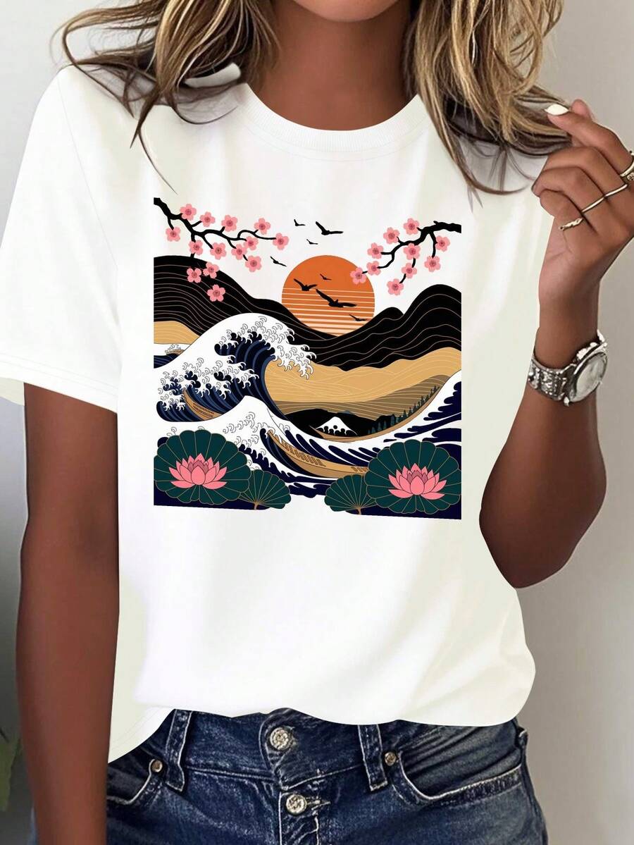 Camiseta cómodara mujer con código puro de sol japonés y flores de cerezo