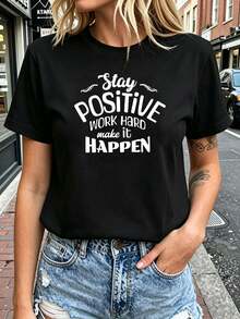 Talla Grande - Talla Grande - Stay Positive Work Hard Make It Happen Letter Print Talla Grande Camiseta de Mujer, Manga Corta Cuello Redondo Top Casual para Verano y Primavera, Ropa de Mujer - Negro - Ver 2