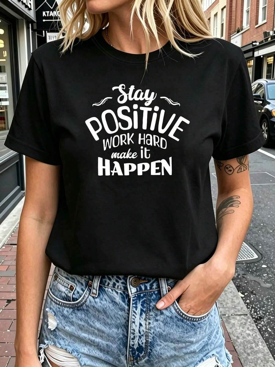 Talla Grande - Talla Grande - Stay Positive Work Hard Make It Happen Letter Print Talla Grande Camiseta de Mujer, Manga Corta Cuello Redondo Top Casual para Verano y Primavera, Ropa de Mujer