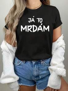 Plus Size - Plus Size - Women's Plus Size T-Shirt With JA TO MRDAM Letter Print, Casual Short Sleeve Crew Neck Top For Summer And Spring, Women's Clothing - 黑色 - 查看 1