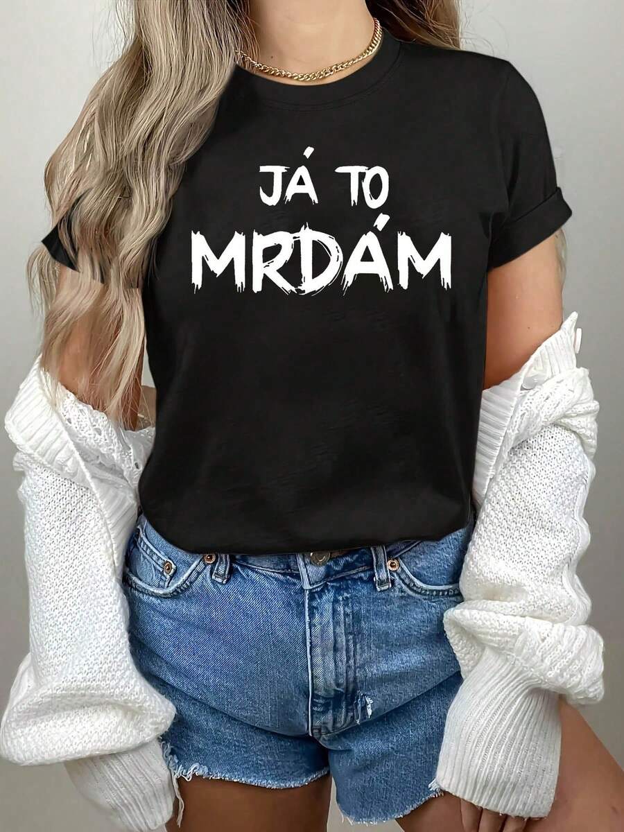 Plus Size - Plus Size - Women's Plus Size T-Shirt With JA TO MRDAM Letter Print, Casual Short Sleeve Crew Neck Top For Summer And Spring, Women's Clothing - 黑色 - 查看 1