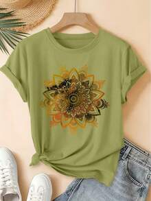 Spring/Summer 2026, New Women's Short Sleeve T-Shirt With Round Neck And Gradient Mandala Print, Distressed Vintage Style, Casual Sports Top, Soft Knit Fabric, High-Quality Women's Clothing. | Fun And Original Design | Fun And Youthful T-Shirt - Unisex Vintage Urban Style, Loose Fit, Cotton, Short Sleeve And Round Neck - 紅色 - 查看 7