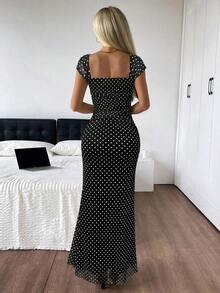 Vestido de verano de cola de pez con dobladillo largo y puntos polka de malla para mujer - Blanco y Negro - Ver 2