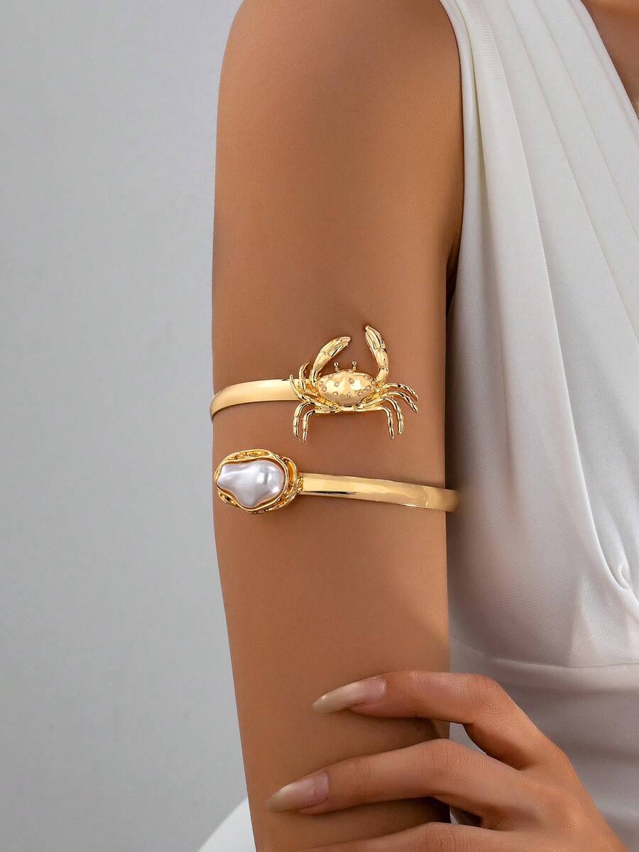 1 chiếc vòng tay mạ vàng hình cua và ngọc trai giả kiểu Baroque dành cho nữ, trang sức vòng tay hở tối giản, vòng tay phong cách mùa hè đi biển. - Nhiều màu - Xem 1