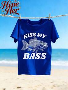 Best Seller 2026, Women's Short Sleeve Crew Neck Cotton T-Shirt With Kiss My Bass Fish Print, For Casual Or Office Wear, Modern Everyday Top, Summer Clothes For Women - 藍色 - 查看 2