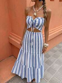 Vestido de tirantes finos con lazo en la cintura, estilo elegante y sexy con rayas, versátil para fechas, salidas, vacaciones, días festivos, vuelta al cole, atuendo de maestro, bodas, fiestas, festivales de música, Oktoberfest, Halloween, Acción de Gracias. Nuevos modelos de verano 2025. - Azul y blanco - Ver 3