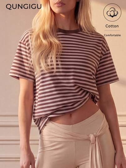 QUNGIGU Women's Casual Round Neck Short Sleeve Blouse, Basic Loose Comfortable Top For Autumn