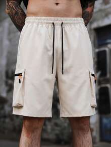 Men's Off-White Contrast Zip Cargo Shorts, Summer Outdoor Casual Knee-Length Pants, Breathable Loose Fit - Apricot - View 4