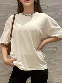 Camiseta de manga corta oversize, negro sólido, ajuste holgado casual para deportes blancos de verano - Blanco - Ver 6
