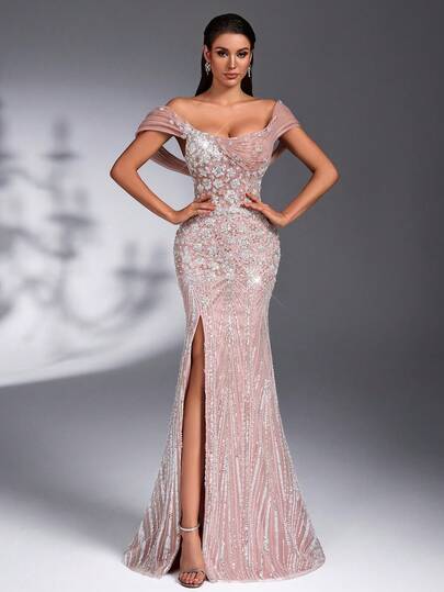 IBTRLY Elegante falda de cola de pez con abertura alta, ajustable, de tela con lentejuelas y cuentas 3D en color rosa loto, adecuada para graduación, baile de graduación, invitada de boda, fiesta de cumpleaños, fiesta, vestido de noche formal