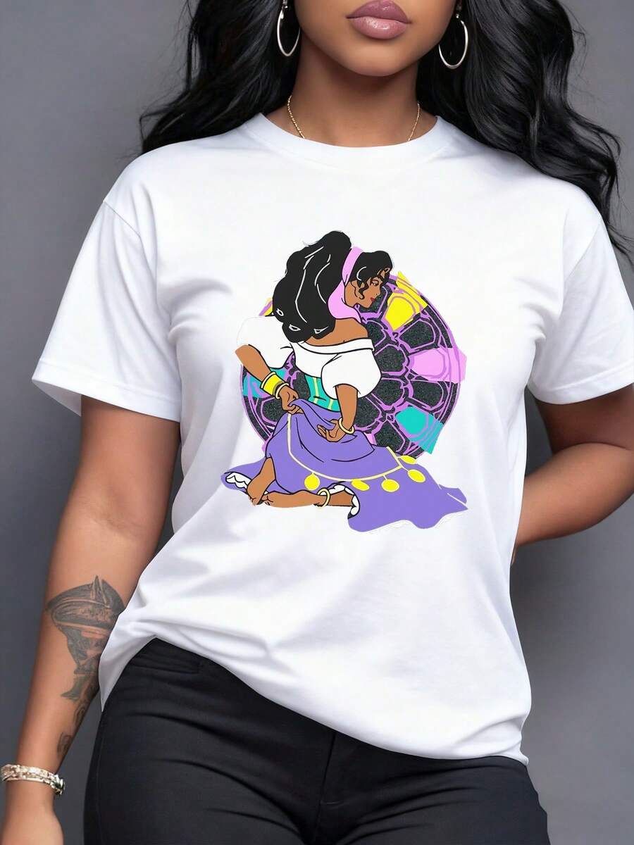 Colorful Figure Of A Dancer With A Purple Skirt And Stained Glass Background Symbolizing Freedom And Positive Energy, Casual Urban Fashion Women's T-Shirt - 白色 - 查看 1