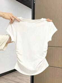 Camiseta de mujer de manga corta de cuello redondo y unicolor, minimalista y de moda para el verano - Blanco - Ver 2