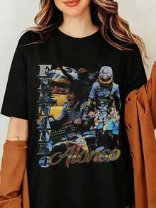 FERNANDO ALONSO F1 Racing Graphic T-Shirt, Renault Style Retro Photo Print 90s Vintage Short Sleeve, Vintage 90s Fernando Alonso T-Shirt, Formulas 1 Racing T-Shirt - Black - View 6